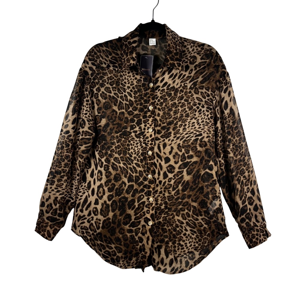Milumia Button Down Blouse Womens Brown NWT Leopard Print‎ Sheer Top Size M